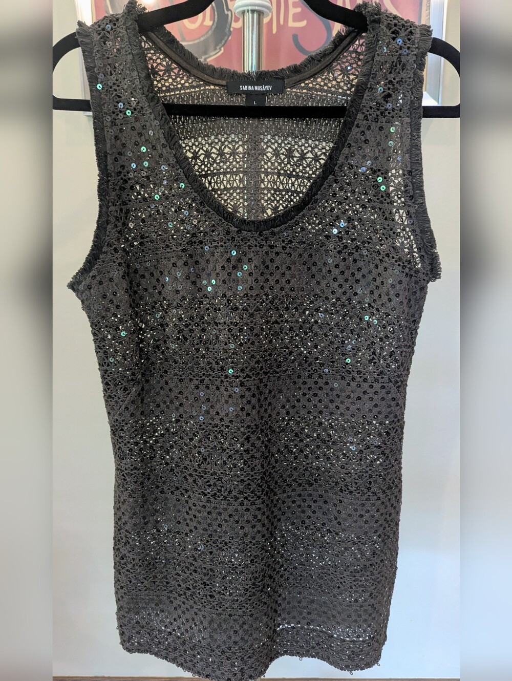 Sabina Musayev Hiro Sequined Crochet Tank Top Dark Brown L EUC $65 *RARE FIND*